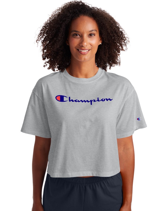 Camiseta Champion Mujer - Cropped Script Logo ( Gris ) 9134876-CP